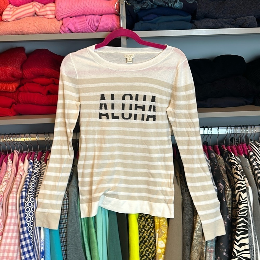 J Crew white with tan stripes “ALOHA” long sleeve sweater size XS